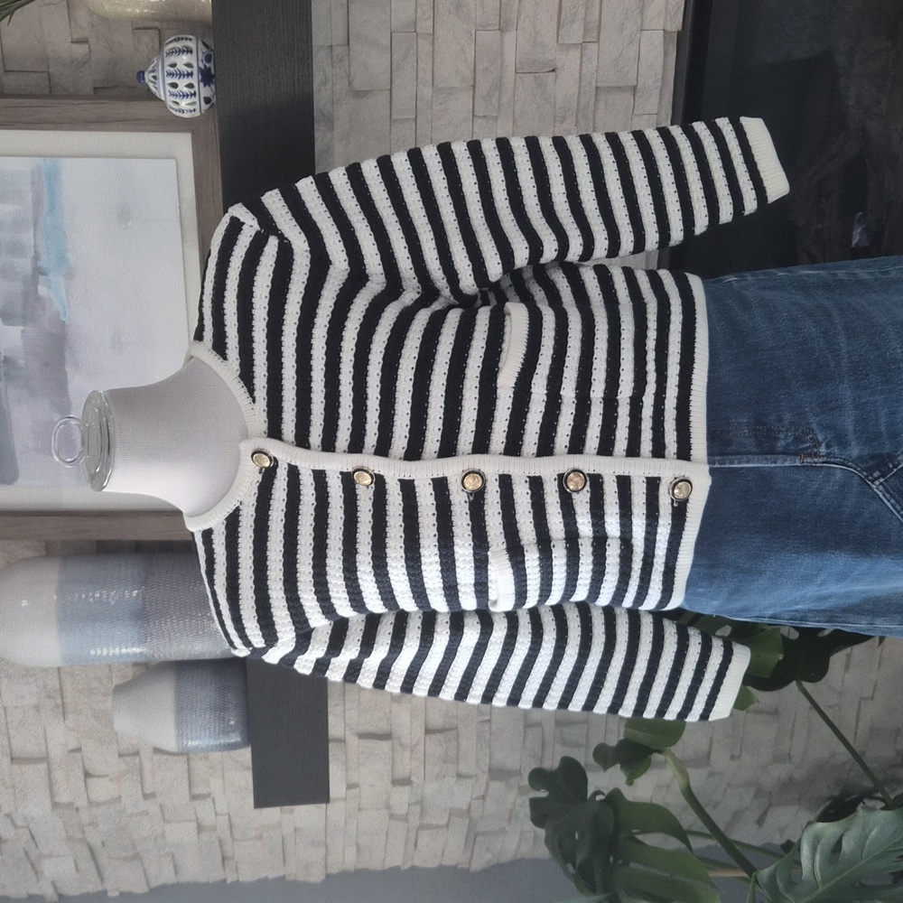 NWT Ba&sh Bash Gaspard Tweed Cardigan Jacket in Ecru Black Stripe 4 size XL - Picture 4 of 9